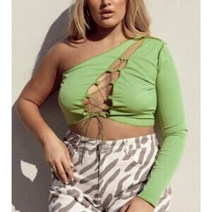NWT Princess Polly Green Luciana One Sleeve Crop Top Size 12